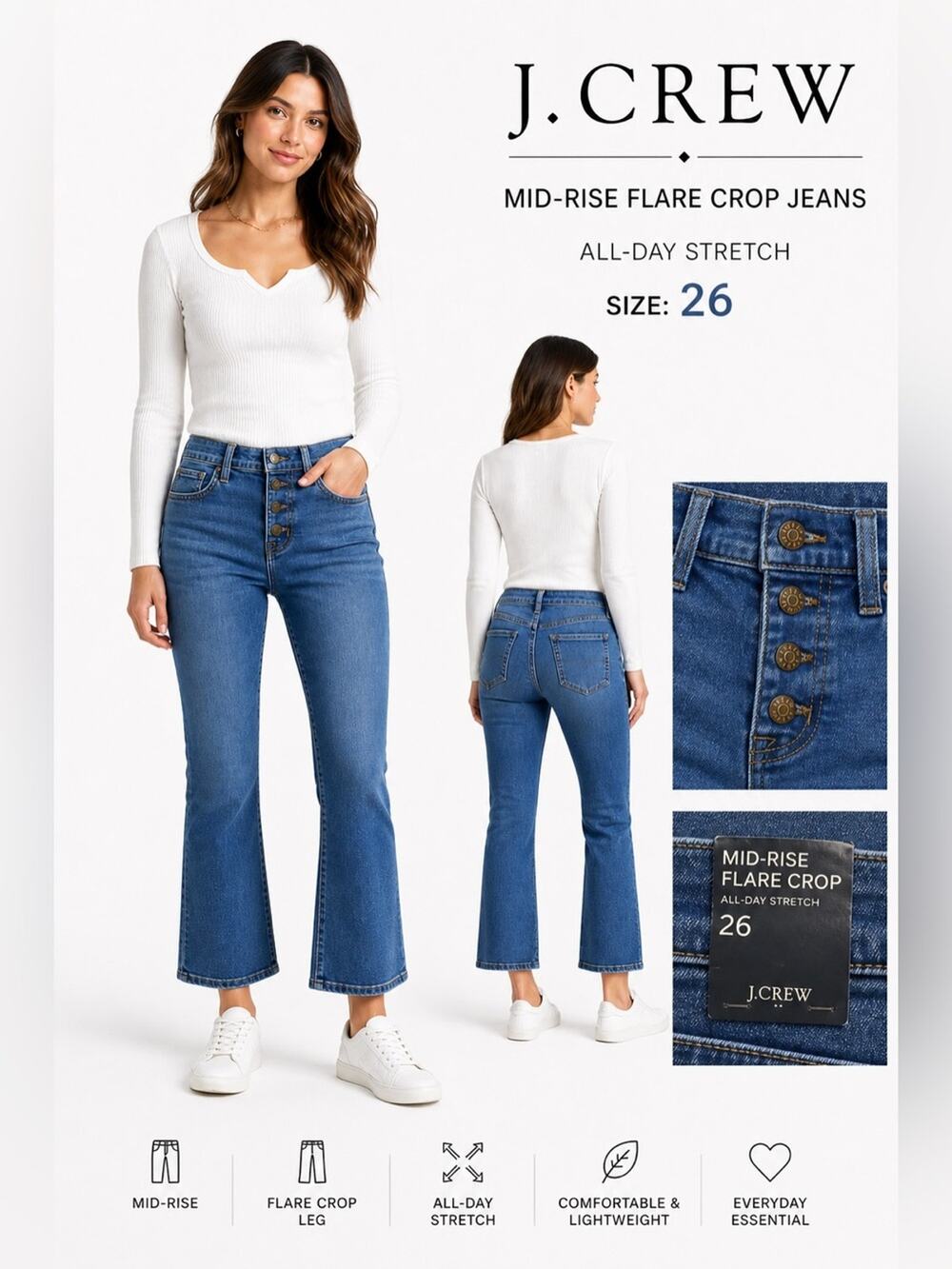 NWT J.Crew Mid-Rise Flare Crop Jeans Size 26 Medium Wash All-Day Stretch